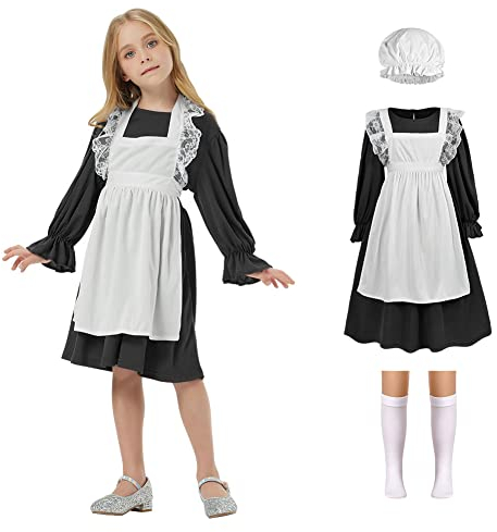 AOMIG Victorian Maid Costume Girls, Village Medieval Dress w/ Mop Cap & White Socks, Kids Victorian Poor Girl Outfit Fancy Dress Costumes Halloween Cosplay, World Book Day, Black (C2-L-Bl230324-FBA)