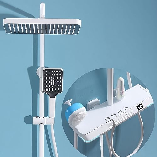 BEITH Colonne de Douche Thermostatique, 4 Touches de Piano de Fonction Ensemble de Douche, 30x20cm Carré Pommeau de Douche, Affichage Numérique, Lumière d'ambiance à DEL, Robinet de Baignoire