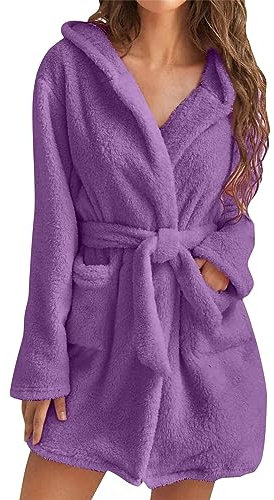 Nidddiv Robe de chambre pour femme - Couleur unie - Manches longues - Poche - Capuche - Genou - Court - Peluche - Pyjama - Robe de chambre - Robe de nuit - Longueur au sol, lilas, XXL