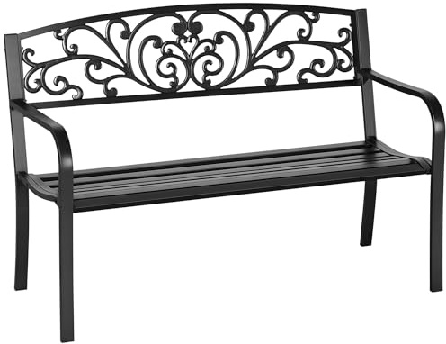 Outsunny Gartenbank Metall, Parkbank mit Rückenlehne, Armlehne, wetterfeste Sitzbank, 2 Sitzer Balkonbank, bis 250 kg Belastbar für Balkon, Terrasse, Schwarz