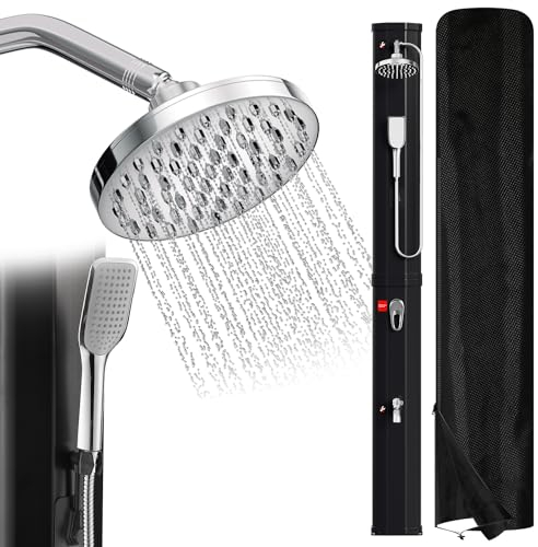 Ansobea Douche solaire noire - 60 l - Avec couvercle de protection - Pommeau de douche réglable à 180° et douchette à main - Chauffable jusqu'à 60 °C - Parfait pour le jardin et la maison