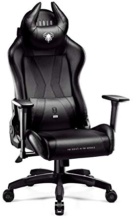 Diablo X-Horn 2.0 Gaming Stuhl Bürostuhl | Personalisiertes Nackenkissen | Verstellbare Rücken-, Sitz- und Armlehnen | Nacken-/Lendenkissen | Kunstlederpolsterung | Normal (L) | Schwarz