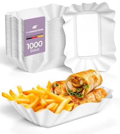 Inoverse 1000 Barquettes en Carton Écologiques, Assiettes Jetables 14 x 9 x 3 cm, Plateau en Papier pour Frites et Snacks, Vaisselle Jetable pour Fêtes