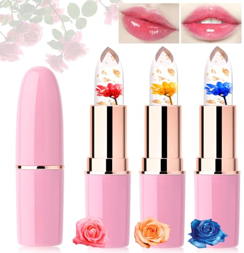 Desing Wish 3 Stück Blumen Lippenstift Set Temperaturempfindlicher Faebverändernder Pink Magic Lip Farbwechselnder Lippenstift Crystal Jelly Color Changing Flower Lipstick Lip Balm Geschenk Mädchen