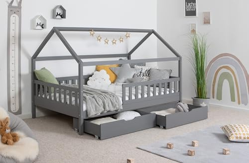 TiCAA Kinderbett Hausbett Montessori Kay 90x200, 100x200 cm, 120x200 cm, 140x200 für Jungen & Mädchen mit Schubladen, Rausfallschutz & Rolllattenrost - aus Kiefer Massivholz für Kinderzimmer