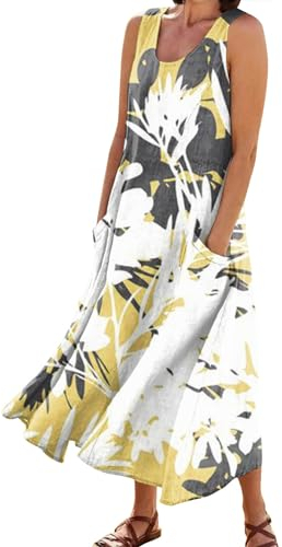 Sommerkleider Damen Brautjungfernkleider Kurz Coctailkleid/Festliches Kleid Knielang U-Ausschnitt Blumen Bedruckt Ärmellos Blusenkleid Mit Taschen Baumwoll Leinen Strandkleid Tunika Kleid (Gelb, M)