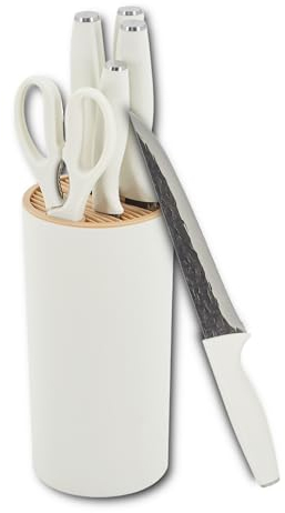 HOOZ Messerset 7-teilig mit Messerblock - Küchenmesser Set mit Block in weiß - 5 Scharfe Messer & Küchenschere - Perfekt für die erste Wohnung - Kochmesser für Fleisch Fisch Gemüse Obst