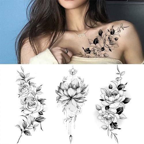 Temporäre Tattoos Erwachsene, 3 Blätter Lange Blumen Rebenblätter Pflanze Tattoo für Frauen, 3D Rose Schwarze Klebetattoos, Wasserfeste Tattoo Aufkleber Arm & Taille & Fuß, Persönlichkeit Fake Tattoos