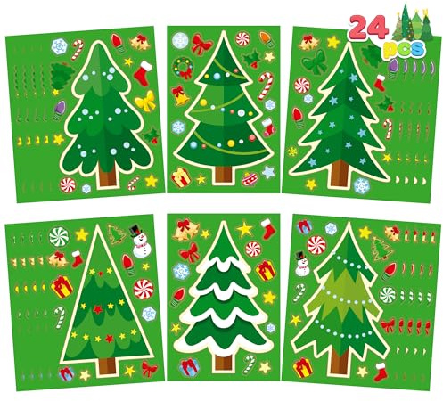 JOYIN 24 Pcs Christmas Tree Stickers, Make Your Own Christmas Tree Stocking Stuffers, Christmas Party Favors for Kids Christmas Party Supplies Presents Classroom Games, Green Stickers