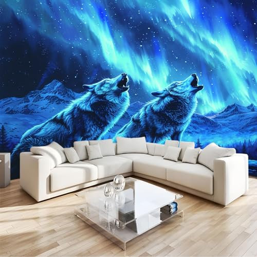Papier Peint Panoramique animal loup bleu neige montagne Décoration Mural 300 x 210 cm Poster Papier Peint Intissé Murales Salon Chambre á Coucherr Bureau Décor à La Maison