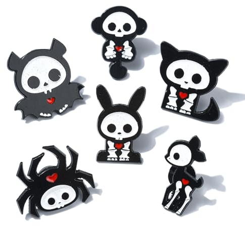 UR URLIFEHALL 6 Stück 6 Stile Punk Emaille Revers Pins Set Gothic Stil Skelett Tier Brosche Pins für Rucksack Hüte Jacken Leinwand Taschen Kleidung