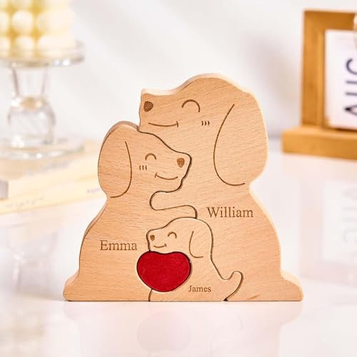 Personalisiertes Holzkunstpuzzle der Hundfamilie mit 1-8 Namen, Holz Hund Skulpturen Desktop Ornament Weihnachts Home Tischdekoration, Geschenk für Familie, Oma, Opa Mama, Papa