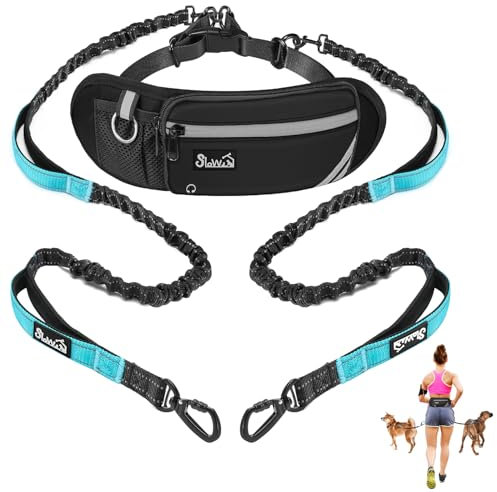 Eyein Joggingleine mit Bauchgurt für 2 Hunde, verstellbar Freihandleine für mittelgroße große Hund mit Reflektierend Elastisch Laufleine und Dual Griffe zum Joggen und Walken, L für Zwei Hunde