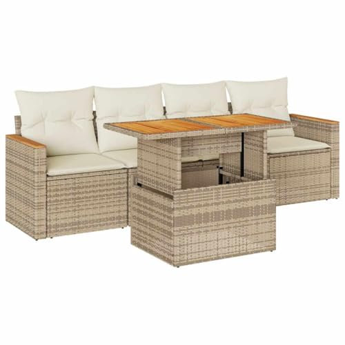 vidaXL 5-TLG. Garten Sofa Garnitur, Sitzgruppe mit Kissen, Gartensofa Lounge Terrasse Modular, Gartenmöbel Sofagarnitur, Beige Poly Rattan Akazie