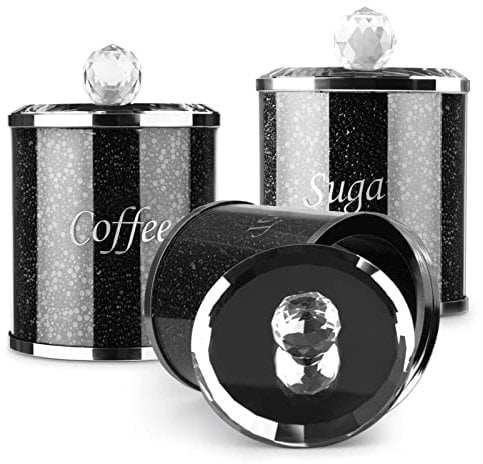 CROWNSHOP 3pcs Sugar Canisters Jars Diamond Crushed Crystal Filled Easy Clean with Lid Containers for Jam Tea Coffee Beans Cookie Snack Flour Sugar(Black)