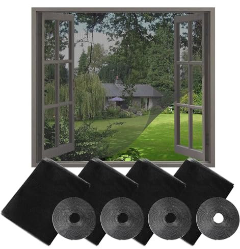 4Pcs Mosquiteras para Ventanas 150x130cm, dellyy Tela Mosquitera Ventana Marco, Mosquitera para Ventana, Mosquitera para Ventana Abatible, 4 Rollos de Cinta Autoadhesiva(negro, 150 × 130)