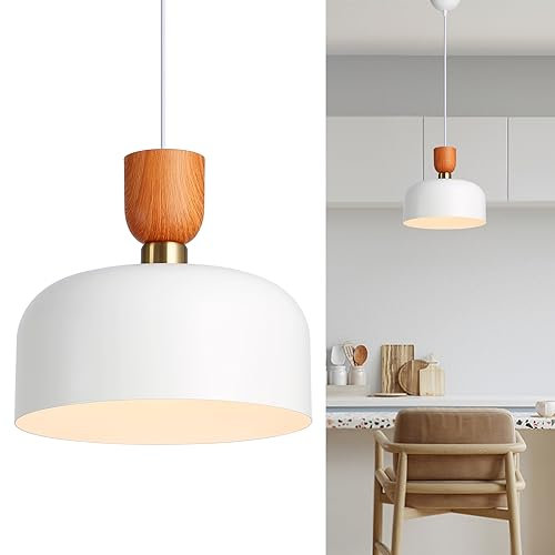 Alpinaluz Suspension de plafond - Acier blanc avec peinture imitation bois, anneau décoratif doré, abat-jour de 30 cm, douille E27 - Design élégant pour salon, salle à manger et chambre