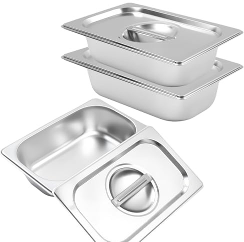 Gemsaya 3er Set GN Behälter 1/4 mit Deckel, Edelstahl Gastronormbehälter, für Küche und Speisekammer, auslaufsicher, wiederverwendbar, Bento Lunchbox aus Metall (26.5 x 16.5 x 6.5 cm)