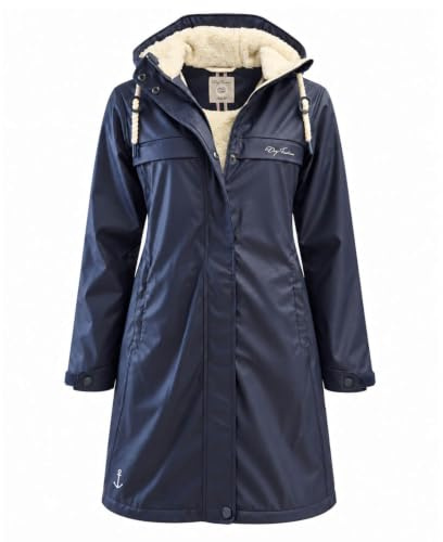 Dry Fashion Damen Regenmantel Oslo - PU-Mantel Outdoor in Navy, Größe 36 | Wind- & wasserddicht, Verschweißte Nähte, 2-Wege-Reißverschluss, Verstellbare Kapuze, Kinnschutz, Taillenregulierung, Taschen
