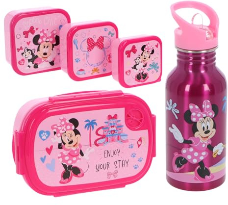 Minnie Mouse Lunchset Rosa Kinder Brotdose, Trinkflasche & 3 Snackboxen