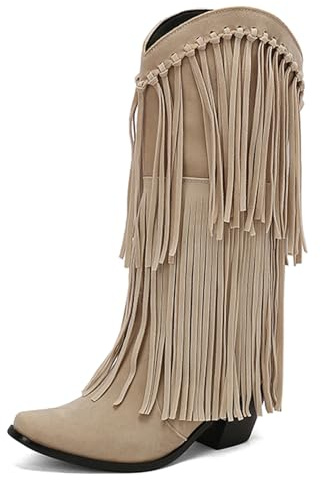 Asterisco Donna Stivali a Metà Polpaccio Block Tacco Medio Senza Chiusura Appuntito 240889 Beige Numero 45 EU/47Cn