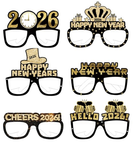 Yuwnd 6 Stücke Silvester Deko 2026 Partybrillen, Glitzern Schwarz Gold Brillen Zubehör Papier Brille Party Foto Requisiten, Silvester Brille Happy New Year 2026 Neujahr Deko Party Zubehör