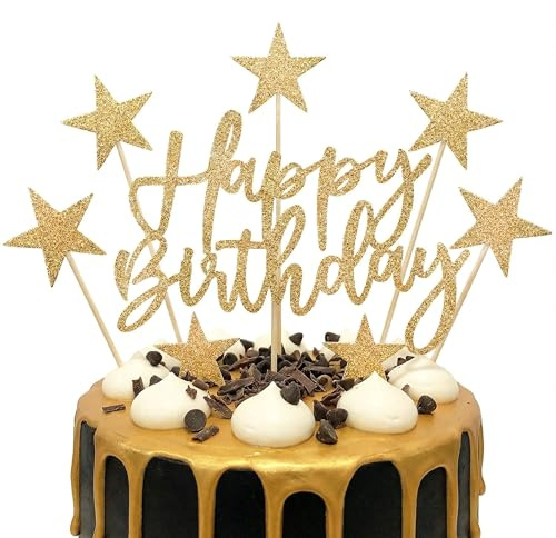 2X Gold Happy Birthday Cake Topper Set - Glitter Cardstock Cake Decorations with Stars - Reusable Party Supplies for Men, Women, Boys & Girls - Elegant Sparkle Decor for Cupcakes & Birthday Cakes