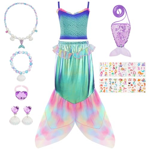 Alaoo Vestito Sirenetta Bambina, Sirena Principessa Vestito Costume | con Borse Piccole, Bracciali, Anelli, Orecchini, Collane, Adesivi, Adatto per Halloween, Natale, Compleanni e Cosplay