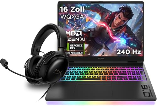 Omen MAX Gaming Laptop, 16 Zoll WQXGA Display 240Hz, AMD Ryzen AI 7 350 (8C) 50 NPU Tops, NVIDIA GeForce RTX 5070 Ti 12GB, 32 GB RAM, 1 TB SSD, Win 11, QWERTZ, RGB, Schwarz + HyperX Cloud III Headset