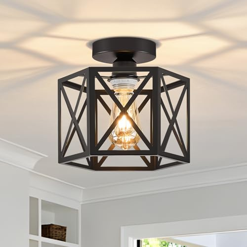 Deckenlampe Vintage Schwarz 1-flammig E27 Industrial Metall Deckenleuchte | Bauernhaus Modern Käfig-Lichtarmatur für Küche, Flur, Schlafzimmer, Wohnzimmer, Eingangsbereich, Waschküche