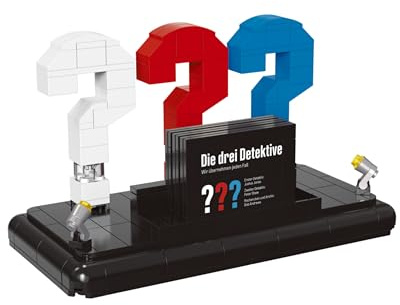 BlueBrixx Die DREI ??? 3D Logo Visitenkartenhalter, 200 Klemmbausteine | Drei bedruckte Visitenkarten, Steckfach für eigene Karten, schwarze Bühne, zwei Scheinwerfer, 195 x 95 x 115 mm, 109592