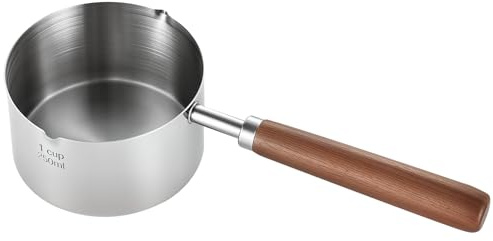 250ML Small Milk Pan with Double Pour Spout, 304 Stainless Steel Mini Saucepan with Wooden Handle, Small Coffee Pan and Butter Warmer for Heating Milk, Sauces and Soup on Gas Electric Ceramic Hobs