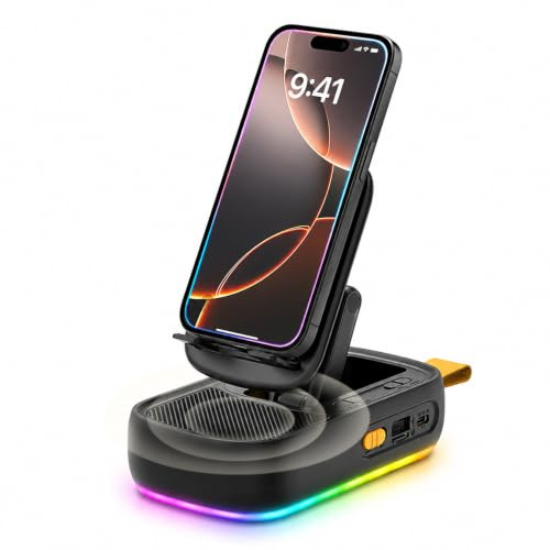 LORESJOY Altavoz Bluetooth 3-en-1 con Soporte Móvil Plegable | Powerbank, Luz LED RGB, 3D Surround Sound, Portátil, Regalo Cumpleaños para Hombre Mujer Chico Ado para Fiesta