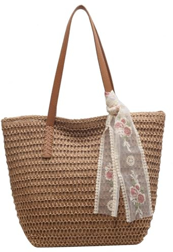 Comebachome Bolsa de playa tejida Bolsa de paja de gran capacidad Cierre de cremallera suave Playa de paja con cinta Bolsas adornadas para mujeres Viajes de verano Compras, Uso al aire libre
