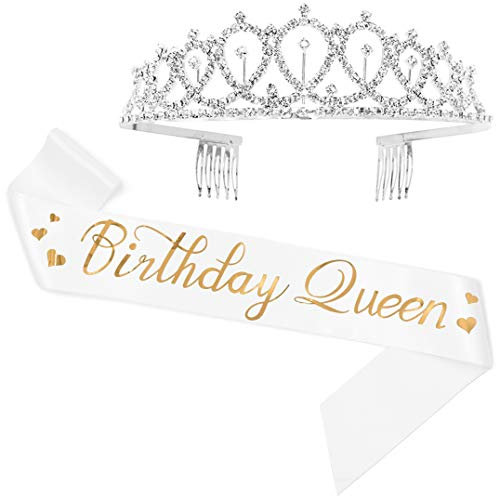 Birthday Queen Sash & Rhinestone Tiara Kit - 15th 16th 17th 18th 21st 22nd 25th 30th Birthday Sash Birthday Gifts Party Favors, Supplies and Decorations (Sash&Tiara)