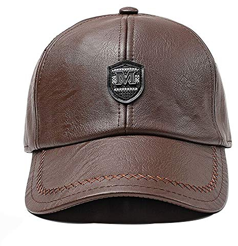 CHENNUO Gorra de béisbol de piel sintética para hombre, gorra de béisbol de invierno con orejeras, marrón, 56/58 cm