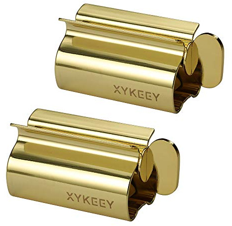 XYKEEY Toothpaste Tube Squeezer - Set of 2 Toothpaste Squeezer Rollers, Metal Toothpaste Tube Wringer Seat Holder Stand (Gold)