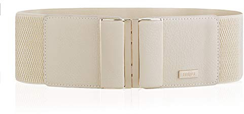 MIJIU Elastischer Gürtel der elastischen Gurtdamen-breiten Gurtmetallschnallengurt mit Geschenkbox/Beige/L