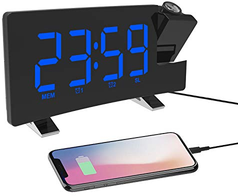 ThreeH Projektionsuhr UKW-Radiowecker mit USB-Ladegerät 5,5'' großes LED-Display 2 Töne für Heavy Sleeper 2 Alarmeinstellung 4 Stufen einstellbare Helligkeit Blau