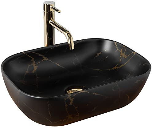 Rea Waschbecken Waschtisch Aufsatzwaschbecken Keramik Handwaschbecken Aufsatz Waschschale Rechteckig Schwarz Matt Marmor 33x46