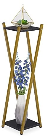 Relaxdays Étagère à Plantes, 2 Surfaces Effet marbre, Tabouret Moderne Fleur, HxLxP : 99x29x29 cm, Colonne, doré-Noir