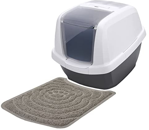 Sparpack Katzentoilette Katzenklo Haubentoilette mit aufstellbarer Schwingtür Weiss-schwarz inkl. Vorlegematte