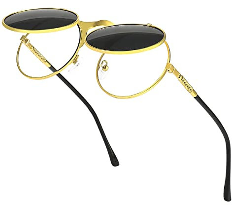 GYsnail Make the world clear Runde Flip Up Sonnenbrille für Herren, Flip-up Shades mit Doppelgläsern, kleine Hippie-Brille, gold, S