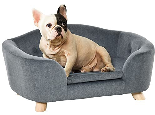 PawHut Haustiersofa, Hundebett Couch, Welpe Kitten Lounge mit Holzrahmen, Kurzer Plüschbezug, waschbares Kissen für kleine Hunde, 70 x 47 x 30 cm, Grau