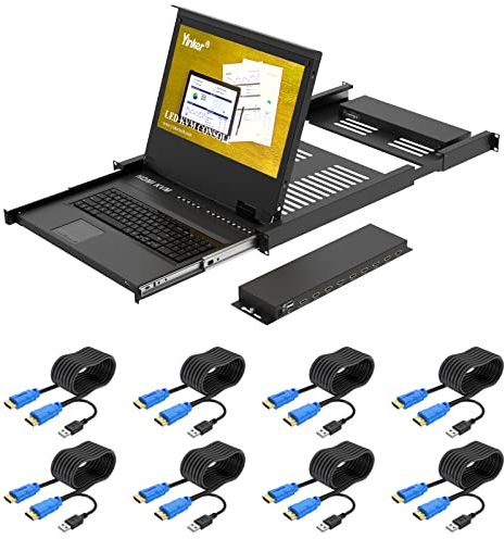 Yinker Console KVM LCD à 8 ports HDMI, commutateur KVM en rack pour rack 1U 19, clavier moniteur tactile tiroir intégré + câbles