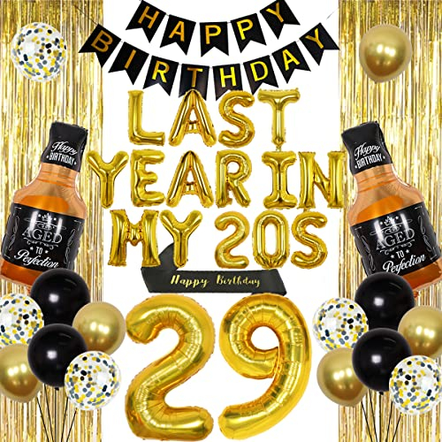 JOYMEMO 29th Birthday Decorations for Men Women, Gold Last Year In My 20s Banner, Cheers to 29 Years Old Birthday Decor with Whiskey Balloon, Number 29 Foil Balloons, Happy Birthday Sash