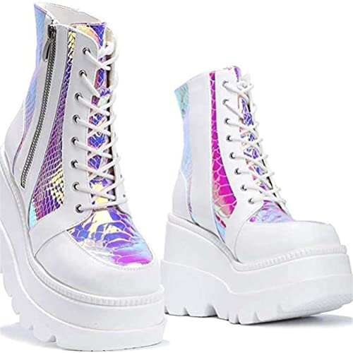 Sneakers Platform Donna Stivali Con Tacco a Zeppa Grosso Punta Tonda Primavera Autunno Stivali Da Combattimento Antiscivolo Stivali Con Lacci Con Cerniera Tacco Alto Stivali Alla Caviglia Spessi