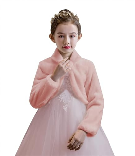 Ommda Mädchen Bolero Jacke Kunstpelz Langarm Warm Blumenmädchen Hochzeits Jäckchen für Hochzeit Party,Rosa,L (9-12Jahre)