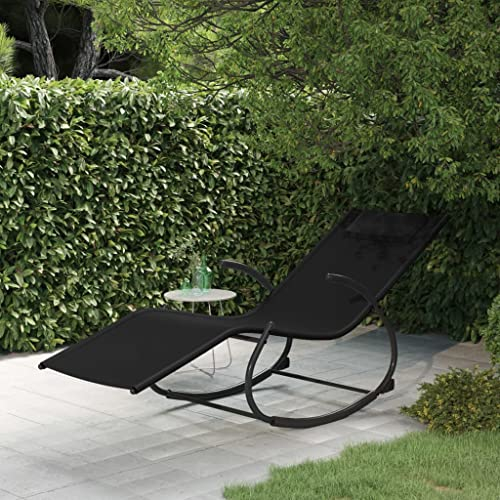 Makastle Schaukelliege mit gepolsterter Kopfstütze, Stahlrahmen wetterfest atmungsaktiv ergonomische Relaxsessel Sonnenliege für Garten Terrasse, 164 x 61 x 73 cm Schwarz