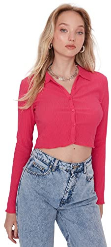 Trendyol Blusa de Punto con Cuello de Camisa estándar Ajustada para Mujer, Fucsia, L